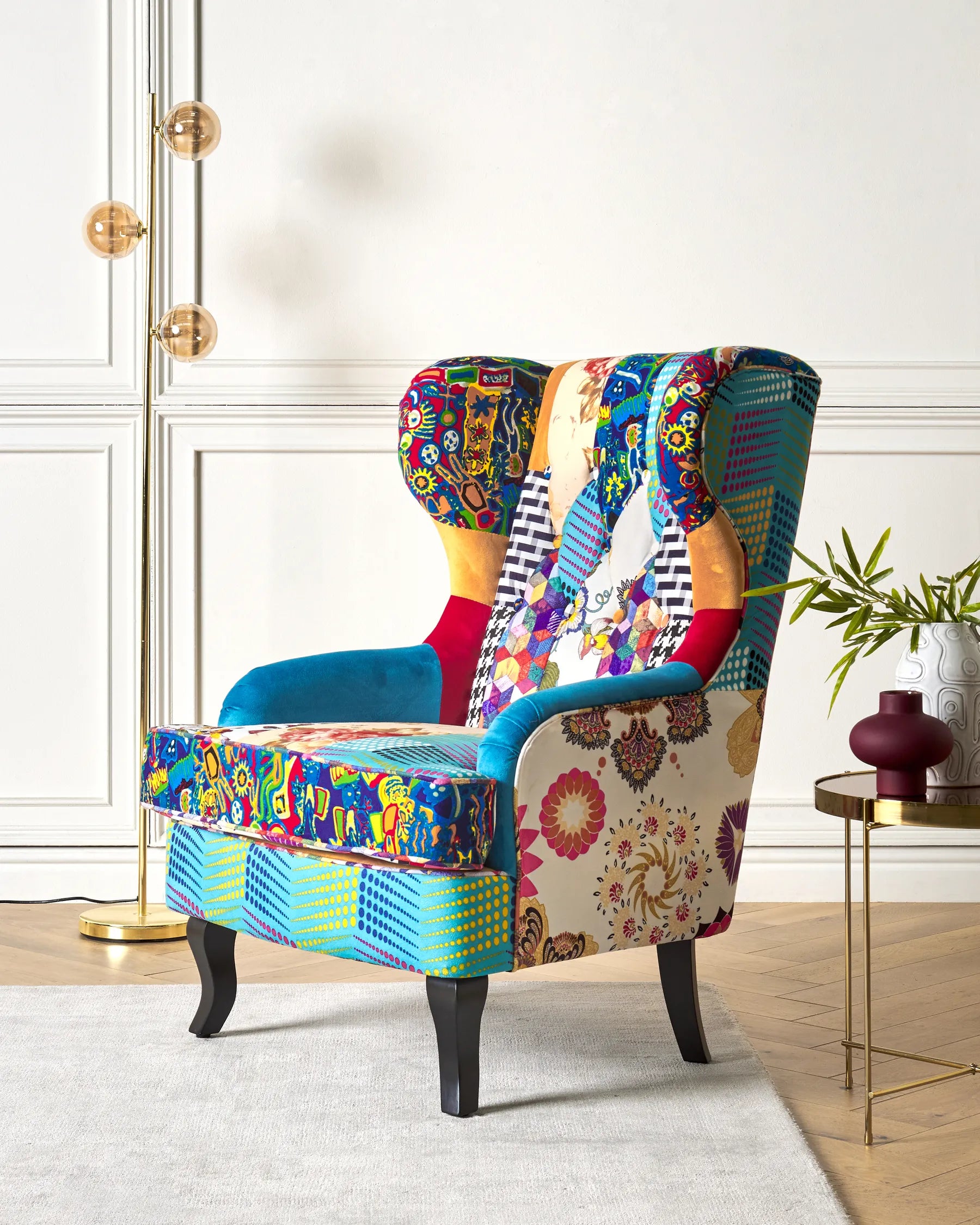 Wingback Chair MOLDE Fabric Blue – Upholstered Vintage Wingback Armchair with Solid Wood Legs