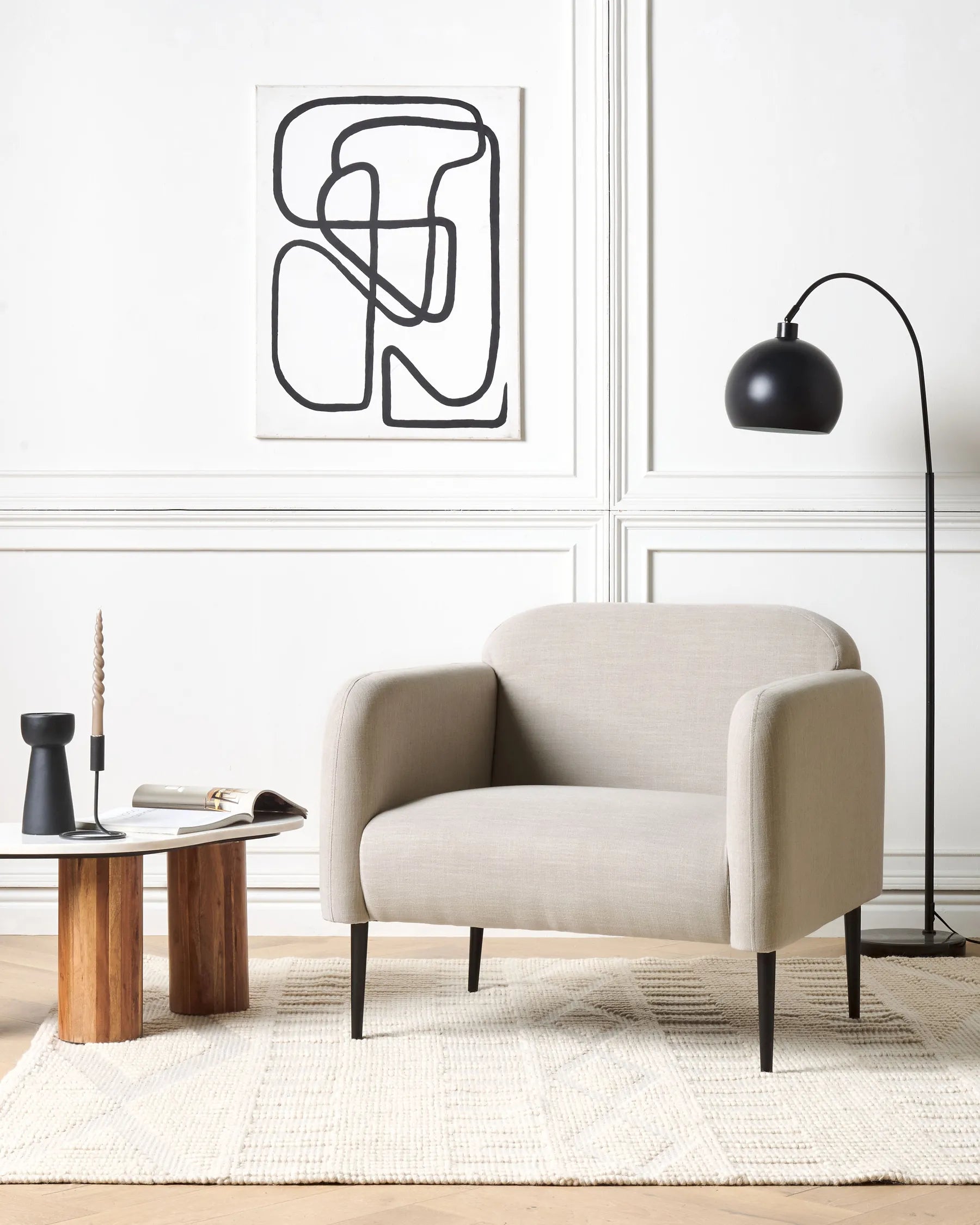 STOUBY Linen Upholstered Armchair in Taupe with Metal Legs – Retro Fabric Accent Chair