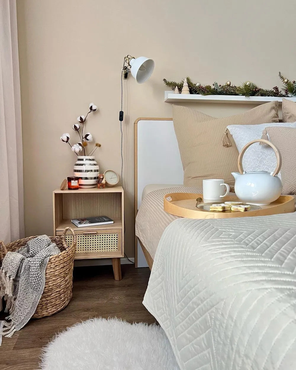 Rustic bedside table with rattan front and shelf