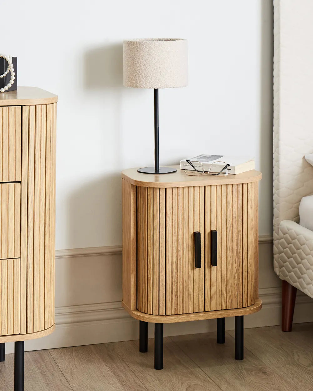 Bedside Table BRADLEY Brown with Sliding Doors, Retro Nightstand with Storage, MDF & Pine Wood, 40 x 30 x 55 cm
