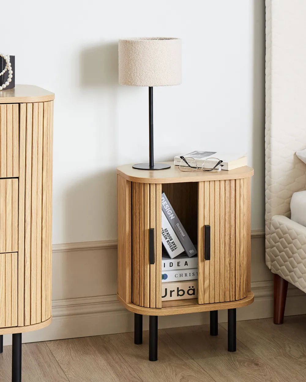 Bedside Table BRADLEY Brown with Sliding Doors, Retro Nightstand with Storage, MDF & Pine Wood, 40 x 30 x 55 cm