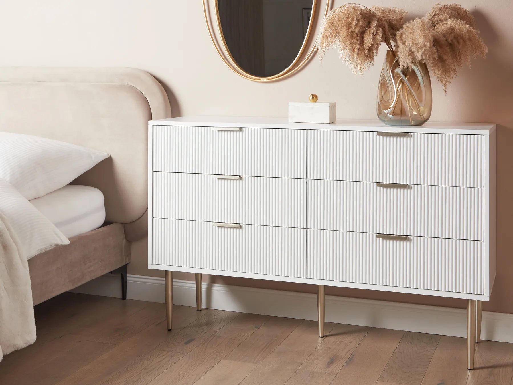 Modern 6 Drawer Chest with Fluted Fronts and Metal Legs, SOHO White