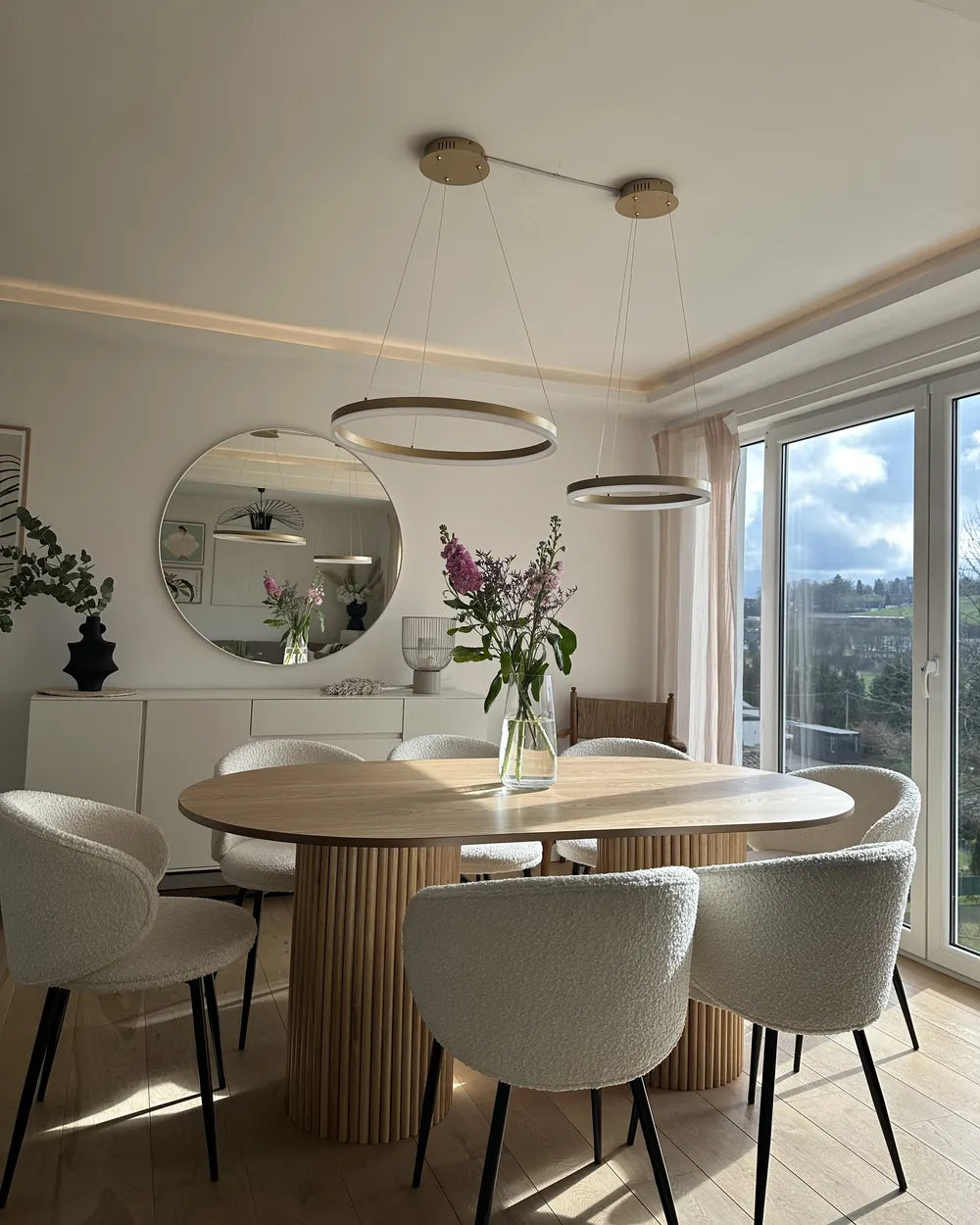 Modern Oval Dining Table with Fluted Pedestal Base – Natural Oak Finish