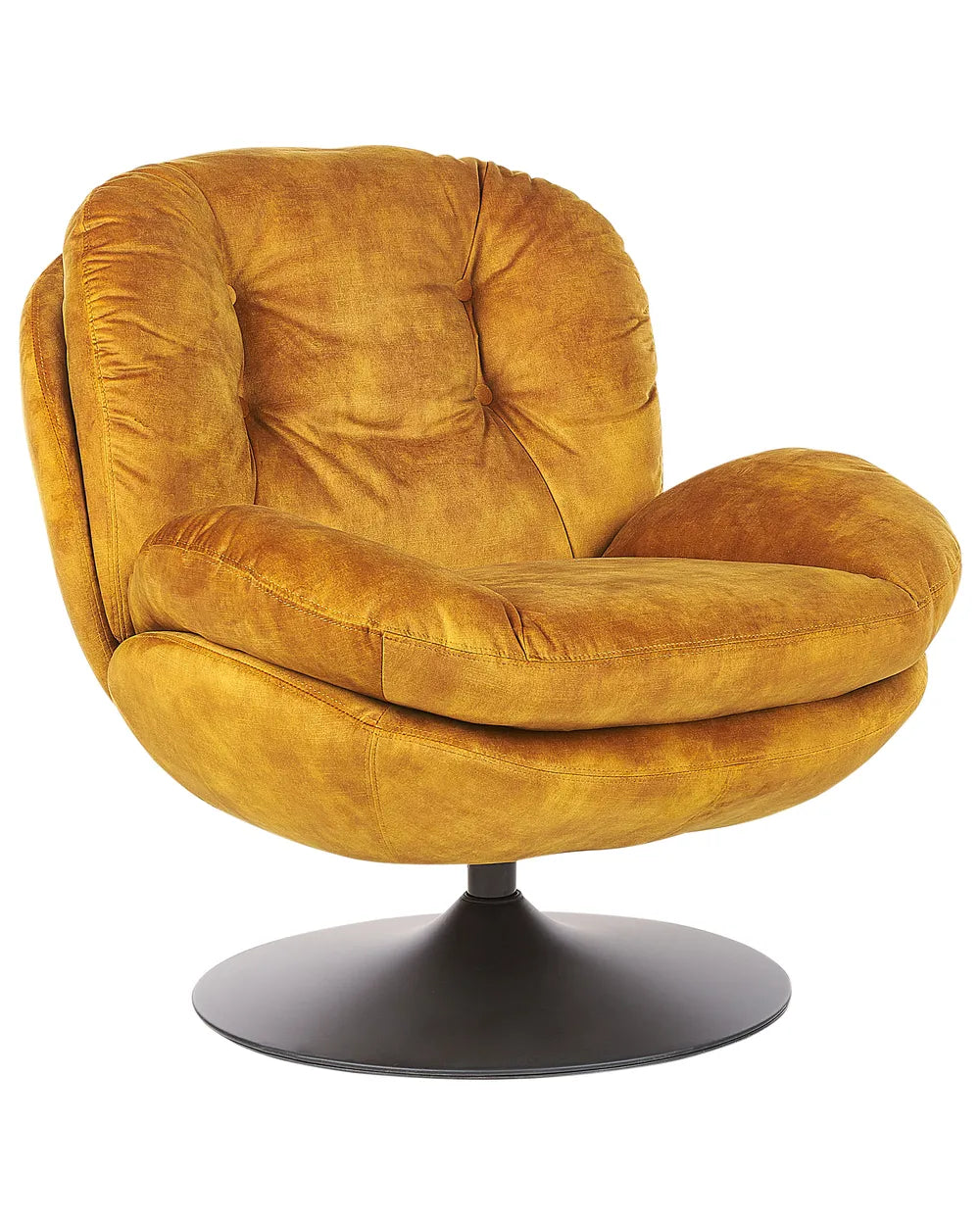 Swivel Armchair NOLVIK in Mustard Velvet with 360° Rotation, Curved Backrest and Upholstered Seat
