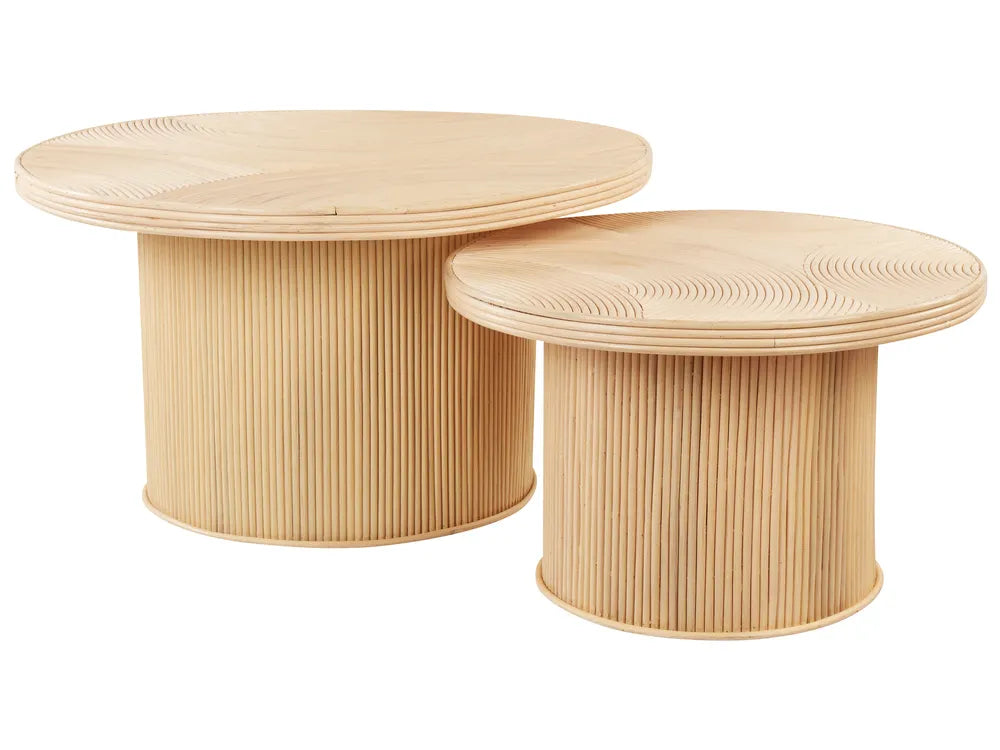 ILIOS Set of 2 Coffee Tables, Round Rattan Tables, Natural Finish, 80×80×45 cm & 60×60×39 cm