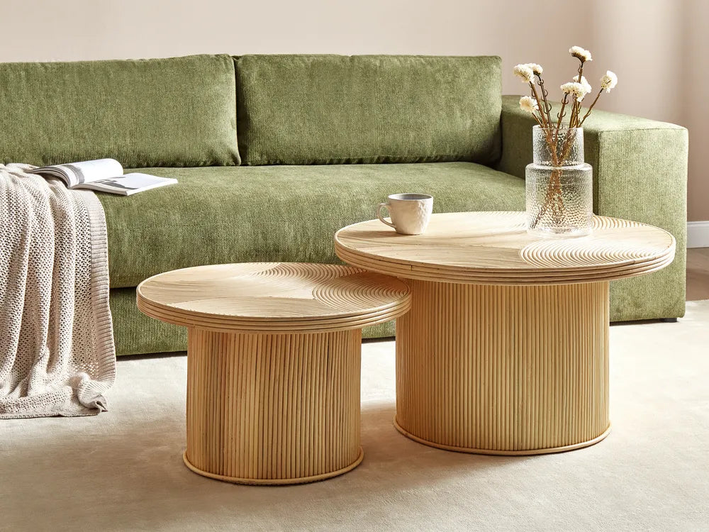 ILIOS Set of 2 Coffee Tables, Round Rattan Tables, Natural Finish, 80×80×45 cm & 60×60×39 cm
