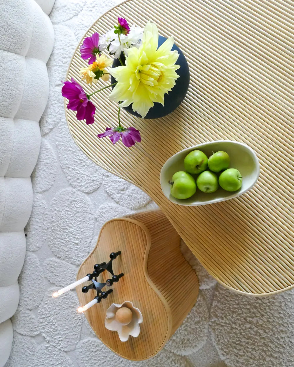 SALANTI Set of 2 Coffee Tables, Natural Rattan Storage Nesting Tables, Irregular Shape, 100×72×45 cm & 50×37×38 cm