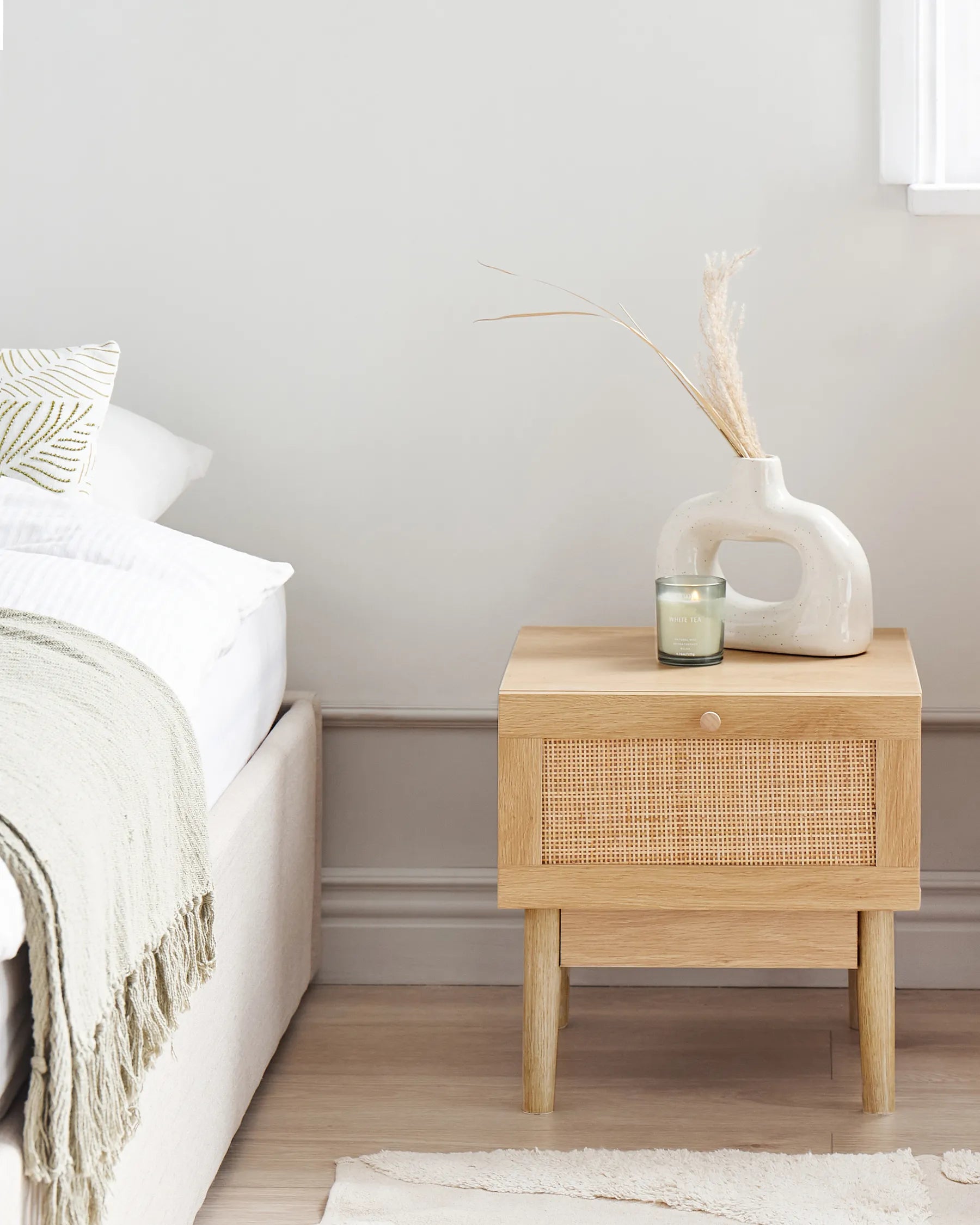 1 Drawer Bedside Table NIVO – Light Brown with Rattan Front