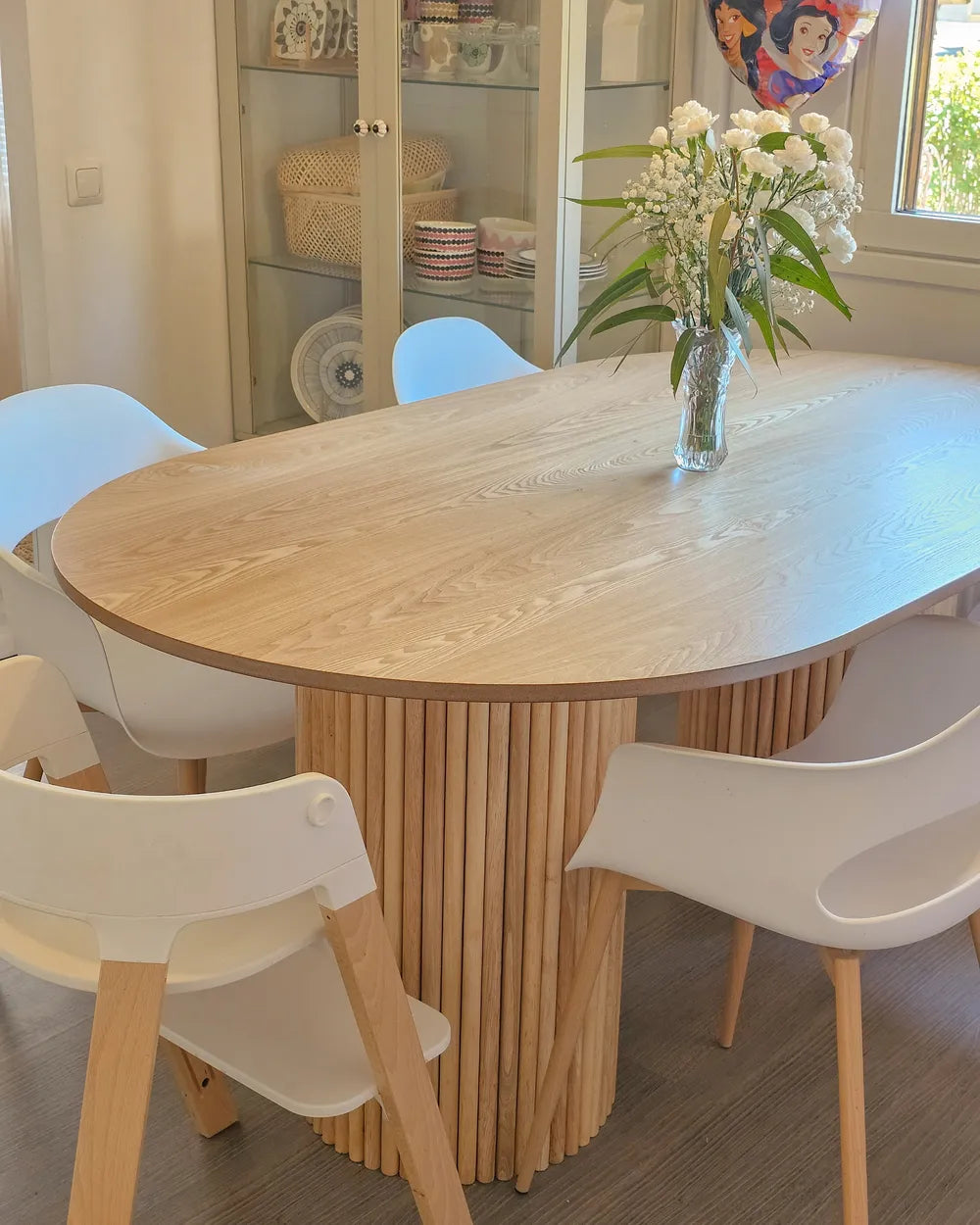 Modern Oval Dining Table with Fluted Pedestal Base – Natural Oak Finish
