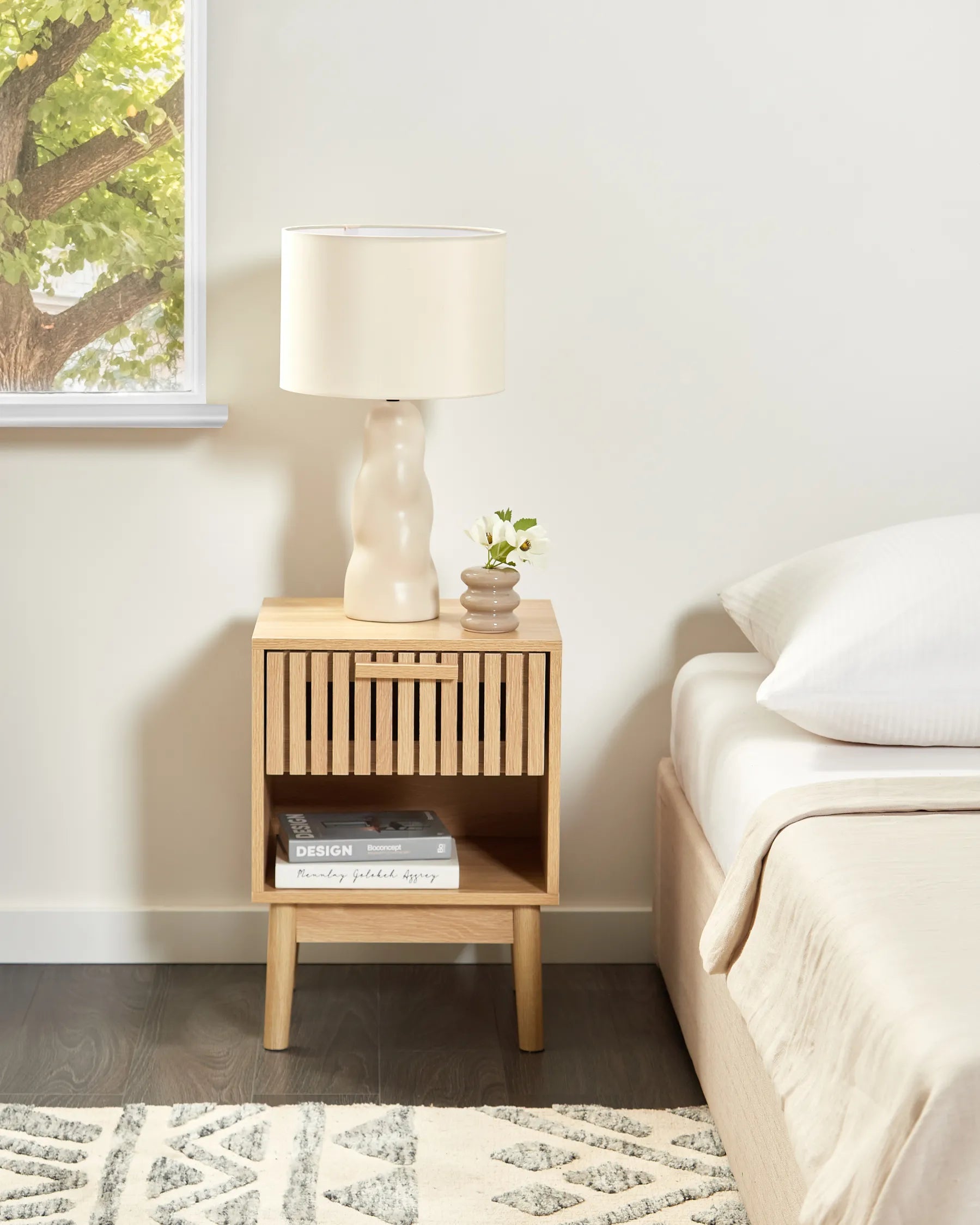 1 Drawer Bedside Table LYNWOOD Light Brown – Ribbed Drawer Nightstand with Open Shelf, MDF & Solid Wood Legs