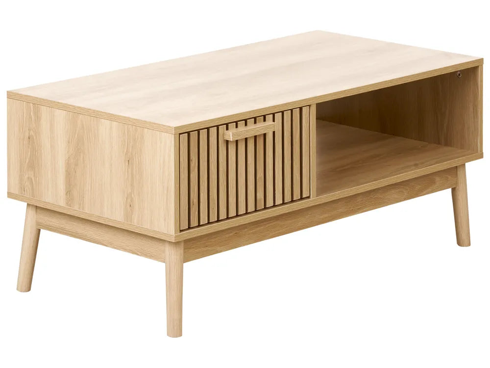 LYNWOOD Coffee Table with Storage, Rectangular MDF Coffee Table with Drawer and Shelf, Light Brown, 100×50×43 cm