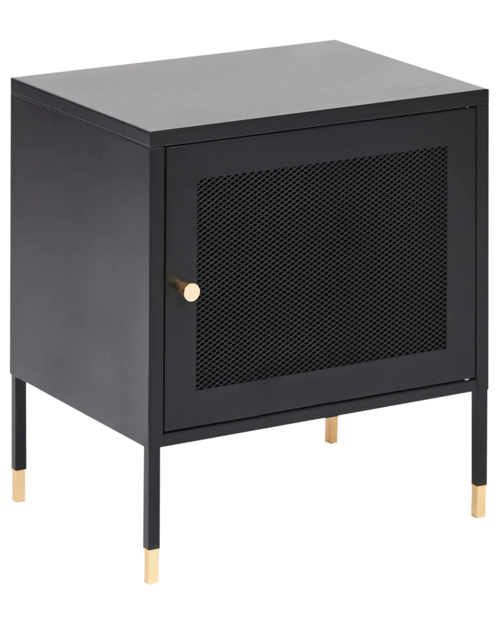Bedside Table OSSETT Metal Black – Steel Nightstand with Metal Mesh Door, Modern Design