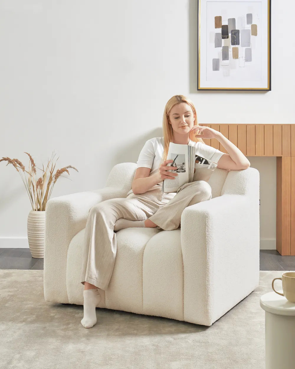 Armchair AGERUP Boucle White– Upholstered Accent Chair with Decorative Tufting, Deep Seat Comfort, Contemporary Living Room Armchair