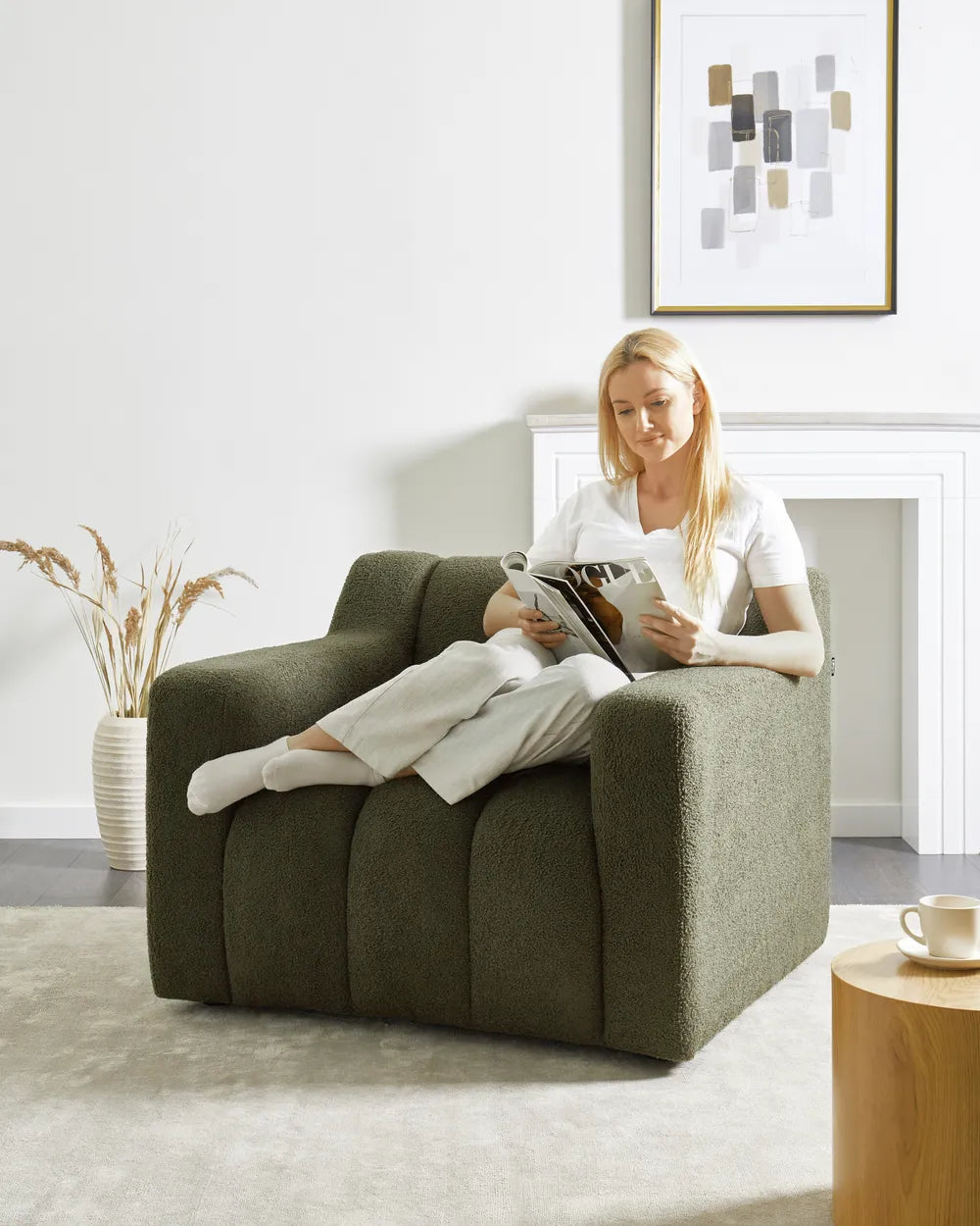 Armchair AGERUP Boucle Dark Green– Upholstered Accent Chair with Decorative Tufting, Deep Seat Comfort, Contemporary Living Room Armchair