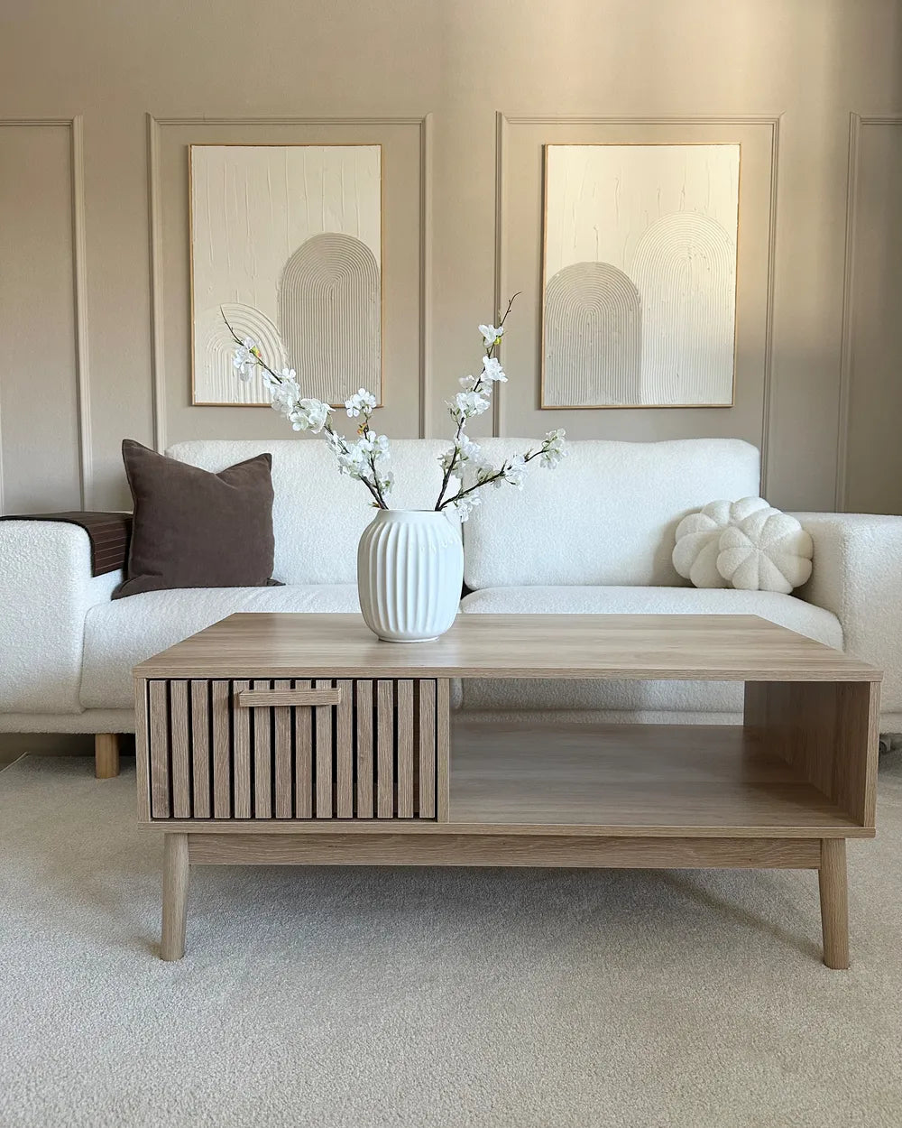 LYNWOOD Coffee Table with Storage, Rectangular MDF Coffee Table with Drawer and Shelf, Light Brown, 100×50×43 cm