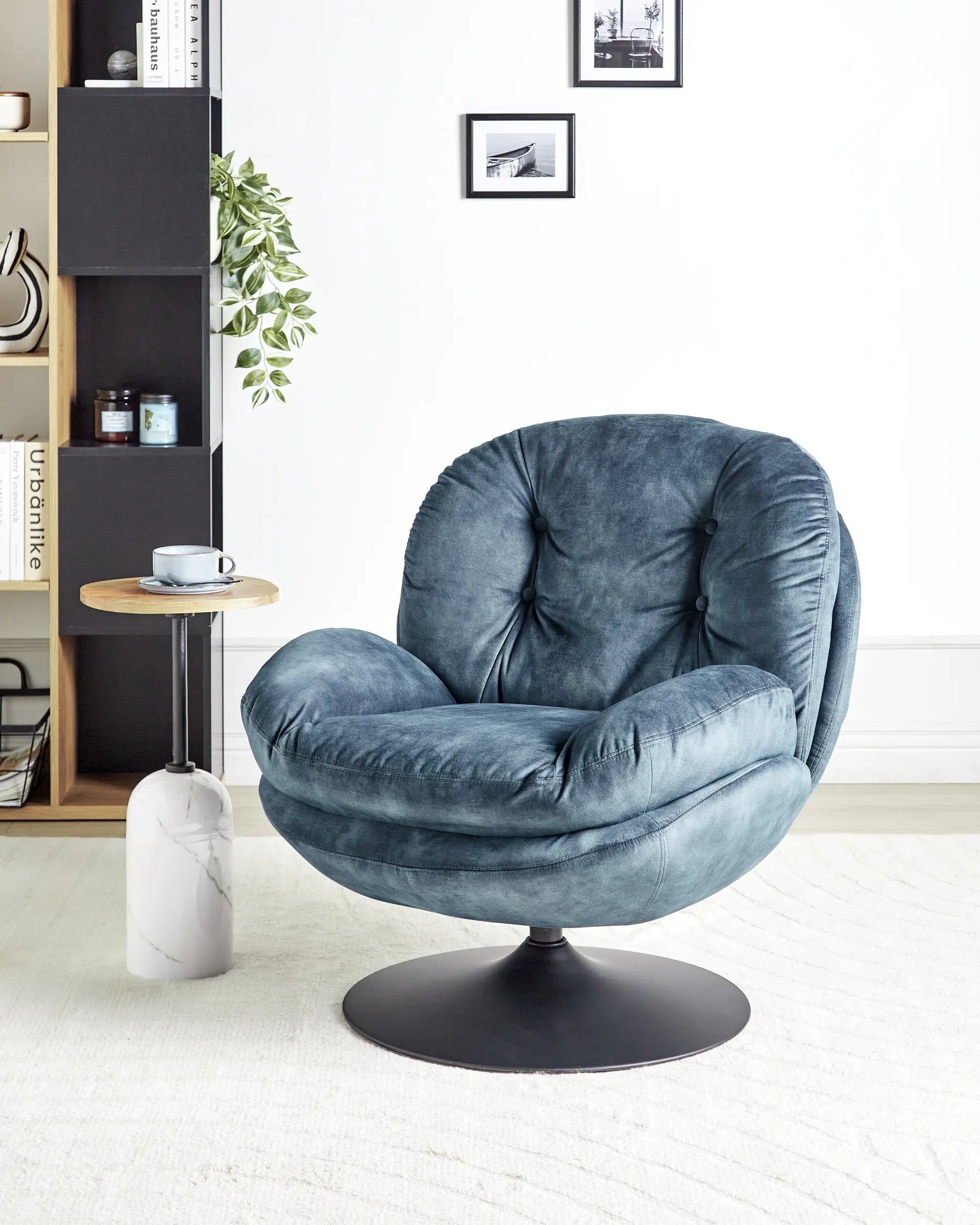 Swivel Armchair NOLVIK in Light Blue Velvet with 360° Rotation, Curved Backrest and Upholstered Seat