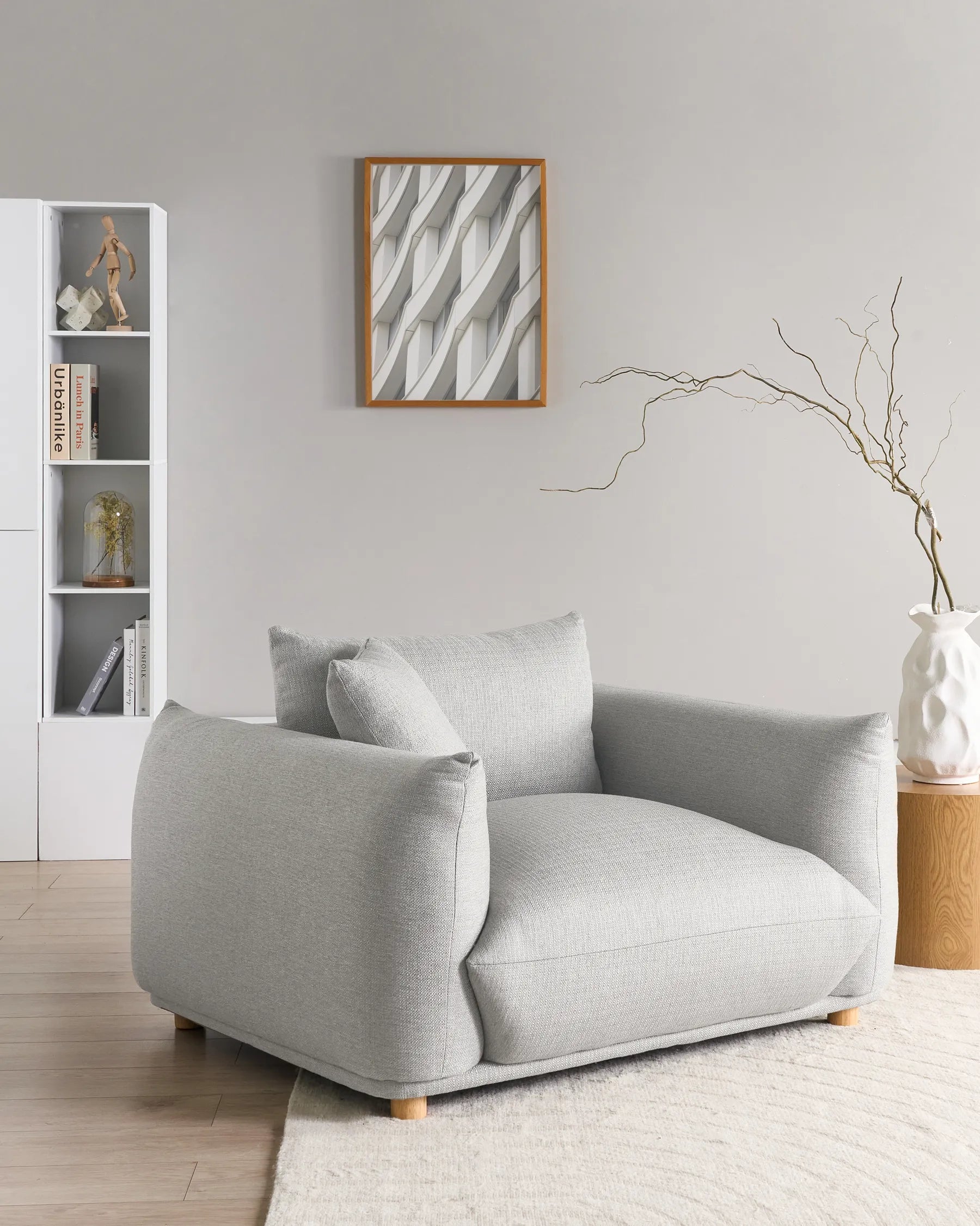 LUVOS Fabric Armchair – Low Profile Deep Seat Lounge Chair in Light Grey with Extra Cushion