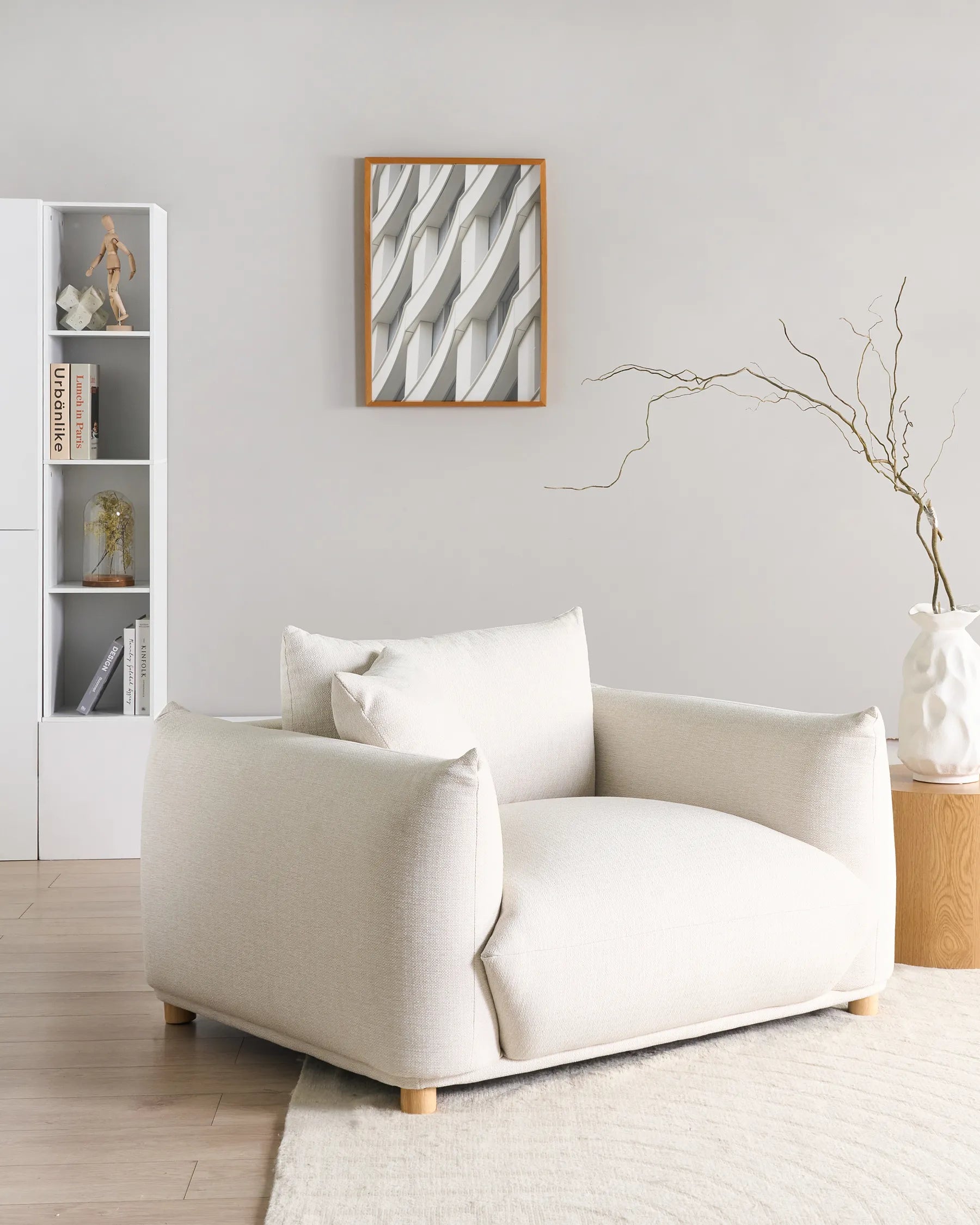 LUVOS Fabric Armchair – Low Profile Deep Seat Lounge Chair in White with Extra Cushion