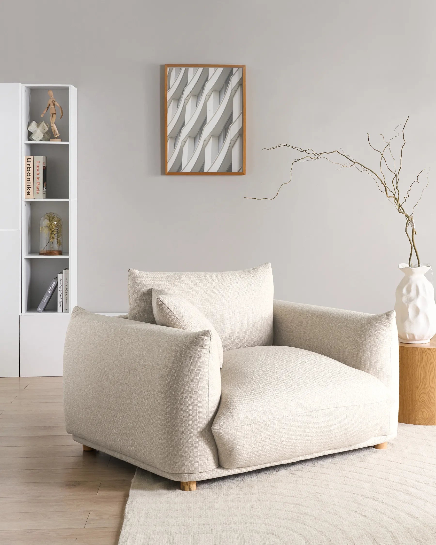 LUVOS Fabric Armchair – Low Profile Deep Seat Lounge Chair in Light Beige with Extra Cushion