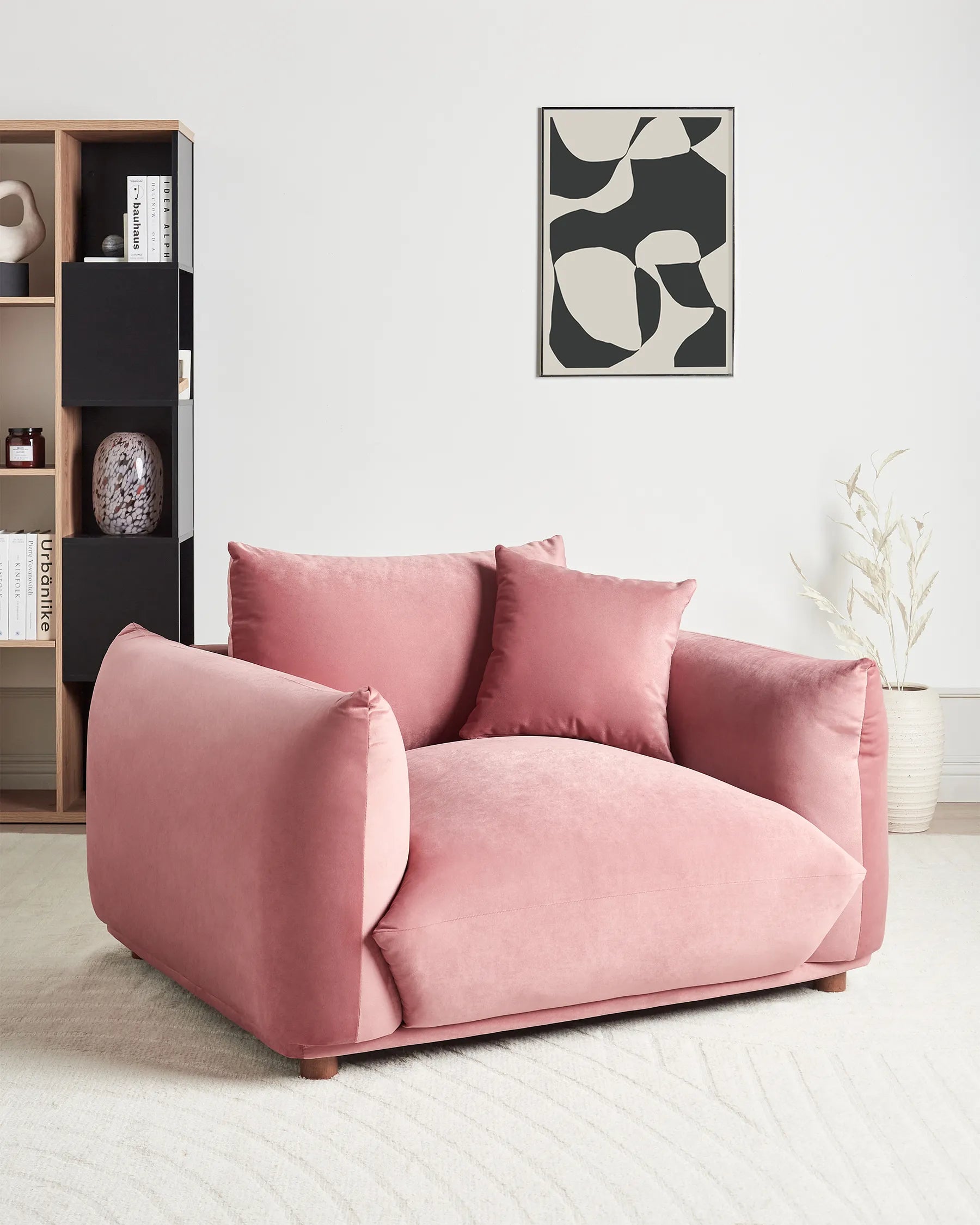 LUVOS Velvet Armchair Pink – Low Profile Upholstered Lounge Chair with Deep Seat, Scatter Cushion & Solid Wood Frame
