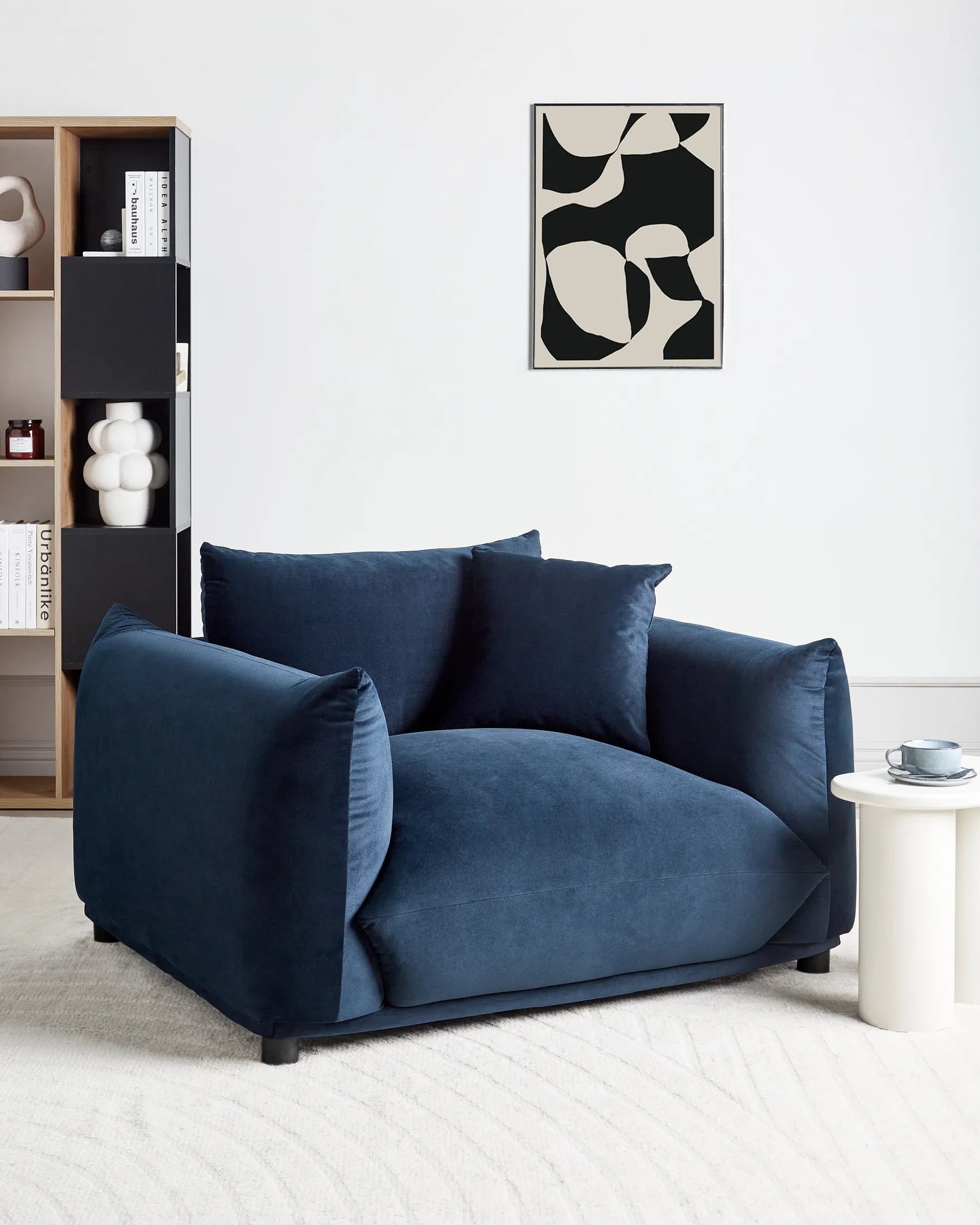 LUVOS Velvet Armchair Dark Blue – Low Profile Upholstered Lounge Chair with Deep Seat, Scatter Cushion & Solid Wood Frame