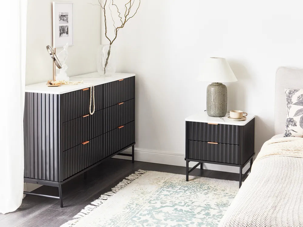 Modern 6 Drawer Storage Unit with Marble Effect Top and Metal Legs