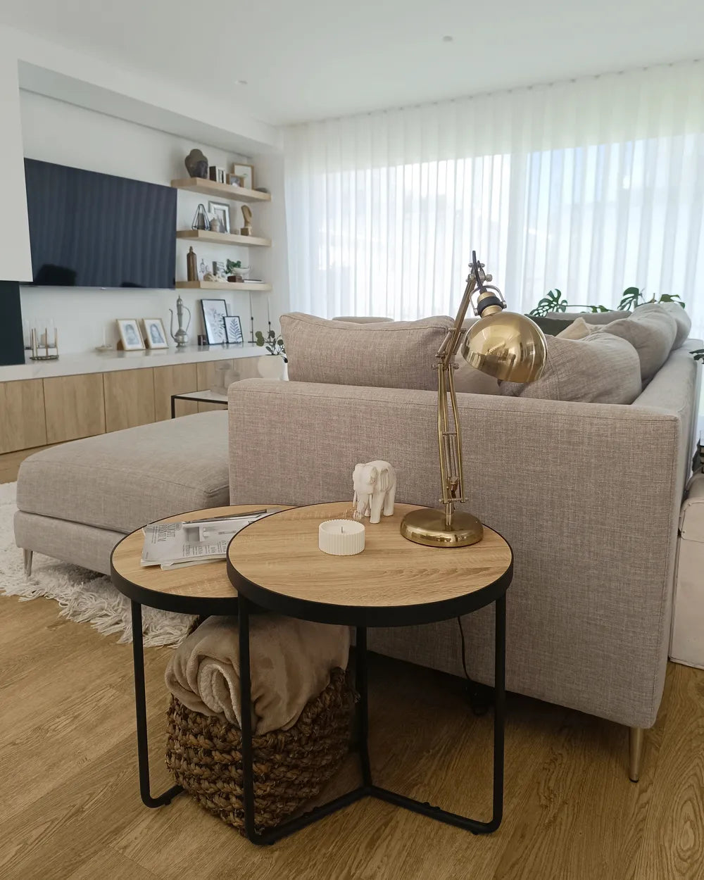 MELODY Set of 2 Coffee Tables, Round MDF Tables with Metal Legs, Light Brown, 50×50×50 cm & 50×50×45 cm