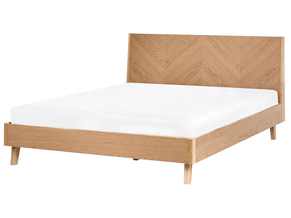 Modern Oak Platform Bed Frame – Minimalist Wooden Bed with Chevron Headboard