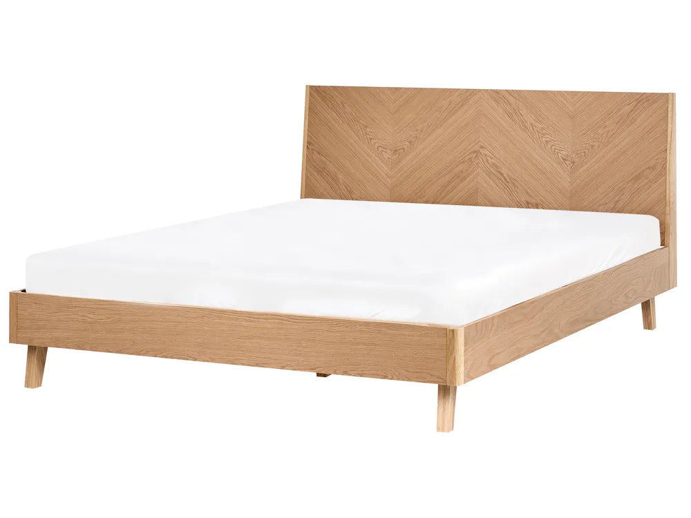Modern Oak Platform Bed Frame – Minimalist Wooden Bed with Chevron Headboard