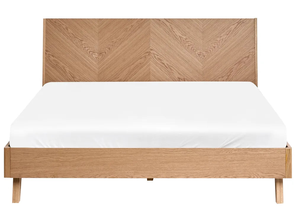 Modern Oak Platform Bed Frame – Minimalist Wooden Bed with Chevron Headboard