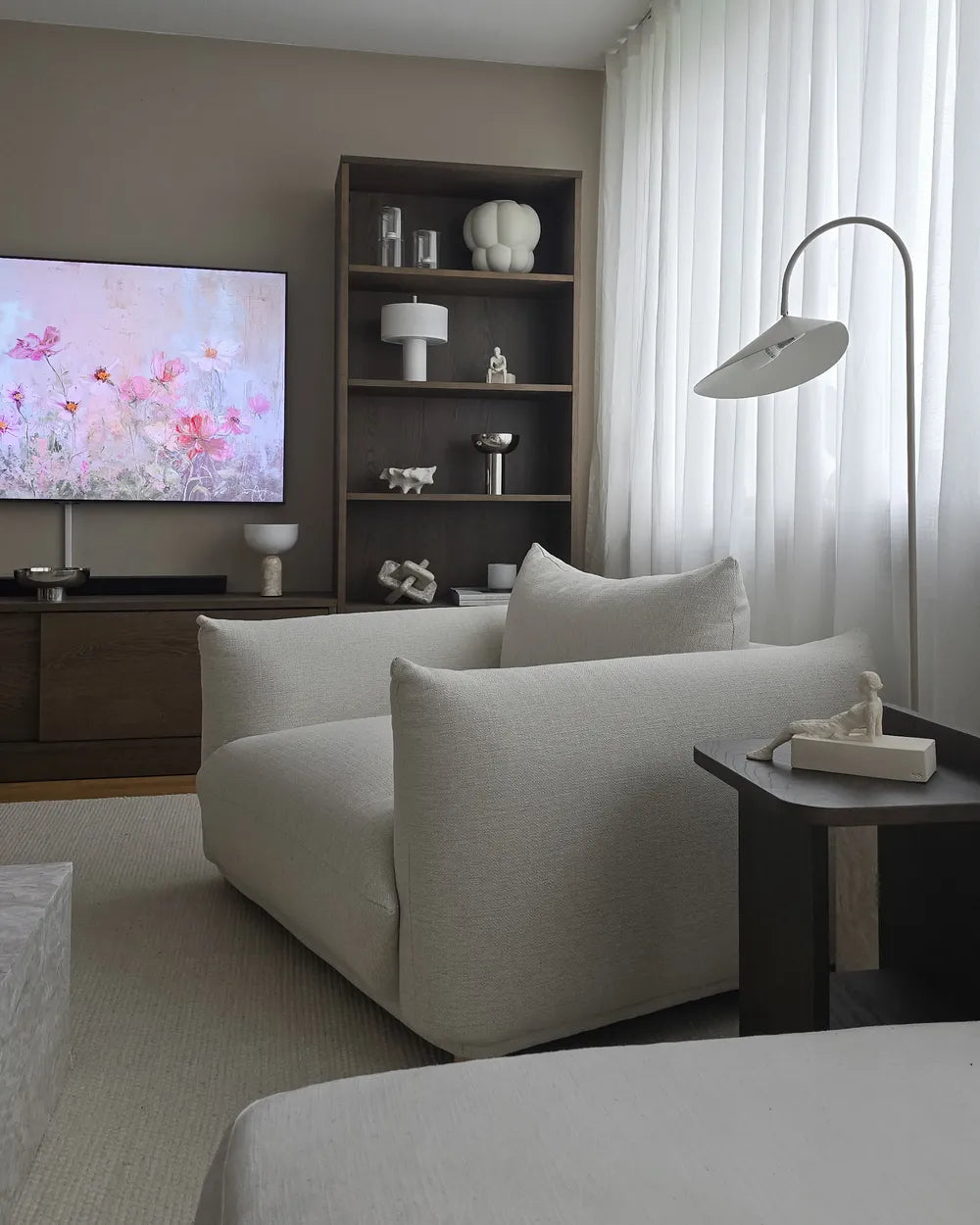 LUVOS Fabric Armchair – Low Profile Deep Seat Lounge Chair in White with Extra Cushion