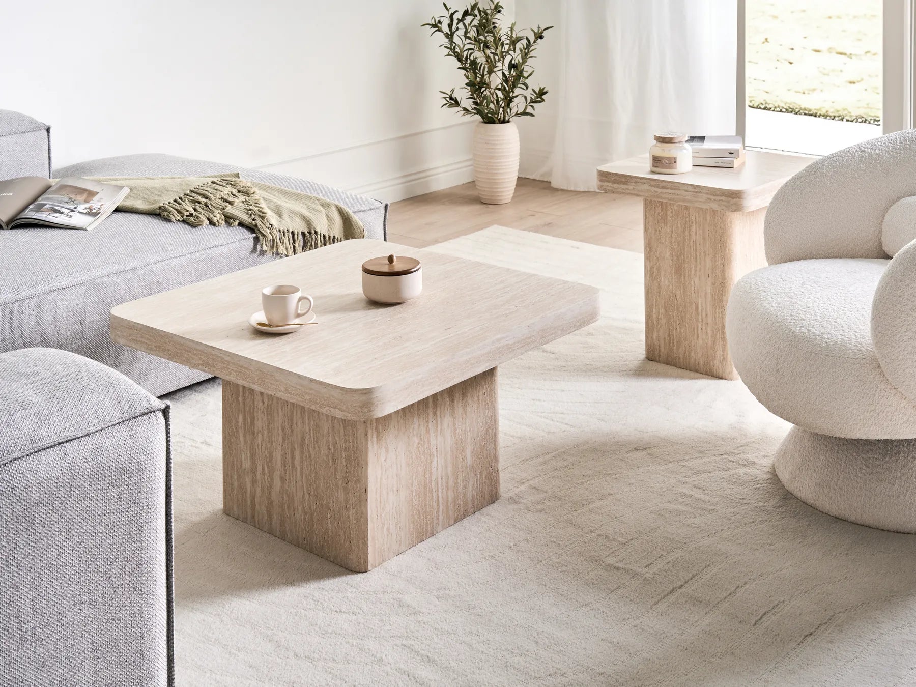 Set of 2 Tables DUSON – Travertine Effect (Coffee Table + Side Table)