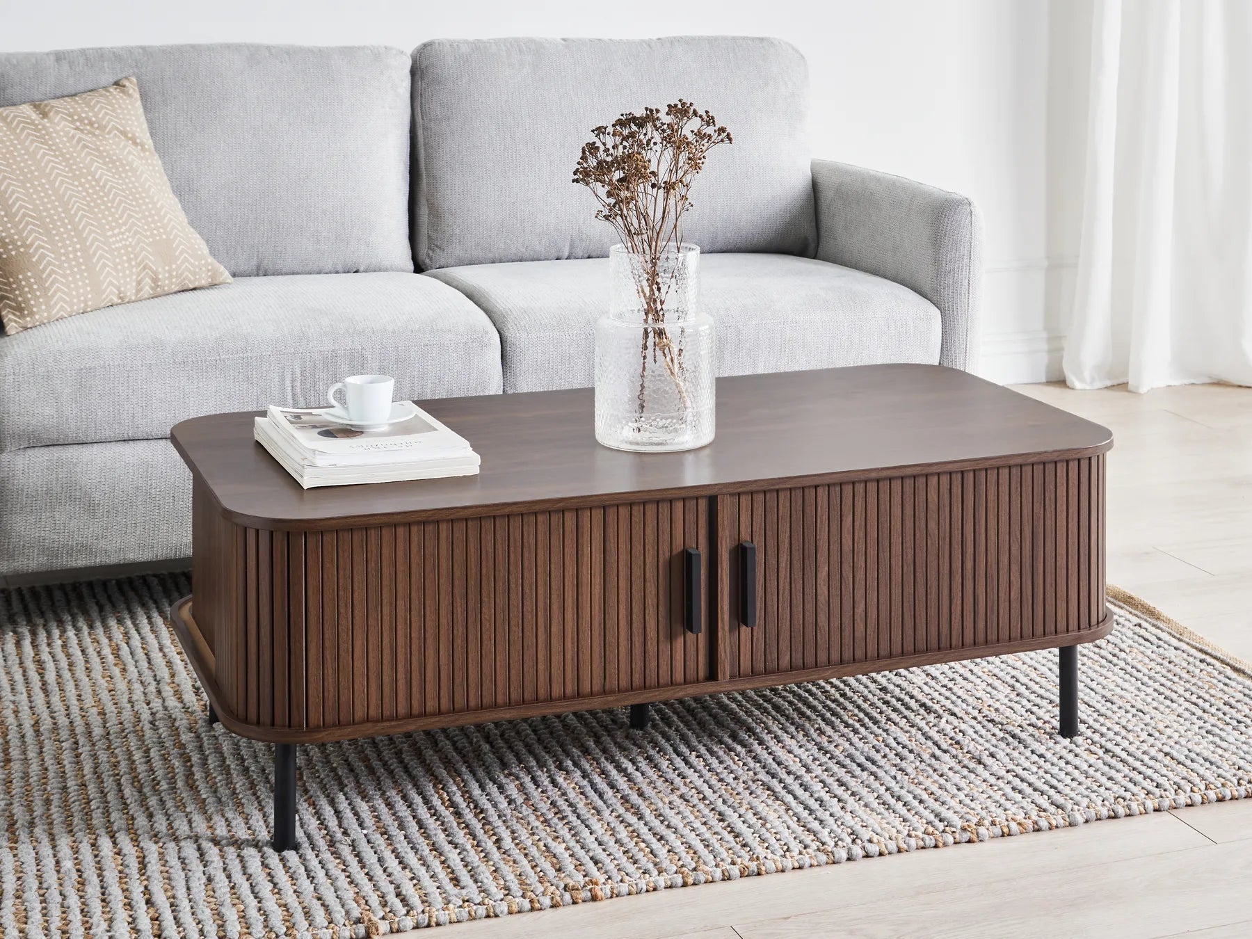 BRADLEY Dark Brown Coffee Table with Sliding Doors, MDF Wood, Rectangular Storage Table 120×60×41 cm