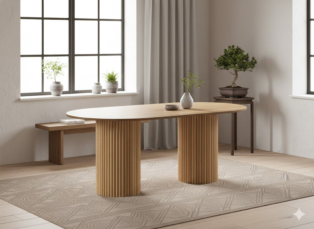 Modern Oval Dining Table with Fluted Pedestal Base – Natural Oak Finish