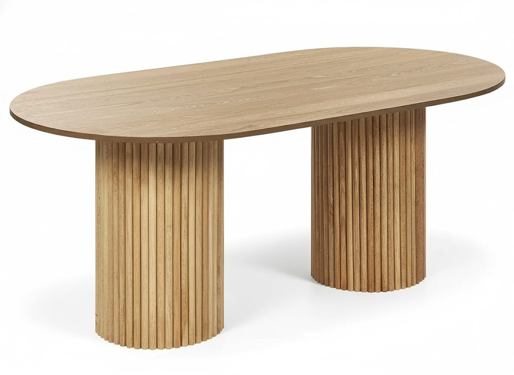 Modern Oval Dining Table with Fluted Pedestal Base – Natural Oak Finish